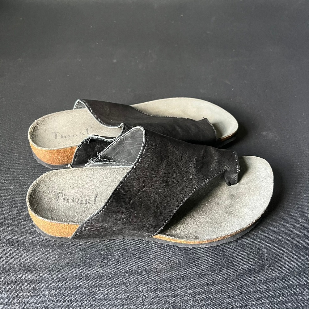Think! Black Leather Toe Loop Slide Sandals Cork Footbed EU 38 US 7.5 Lagenlook